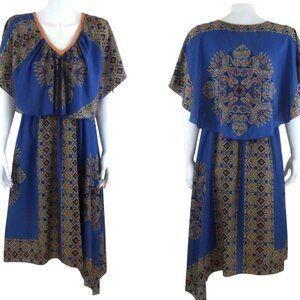 One World Live and Let Live Cape Dress Blue Aztec High Low Hem